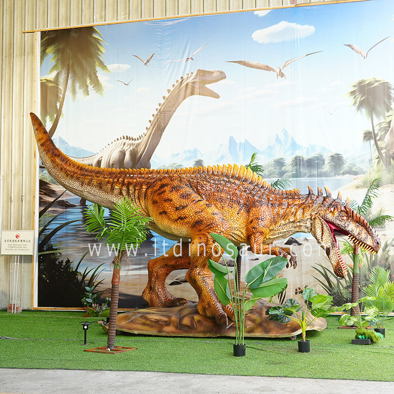 Simulate the posture of a Animatronic Giganotosaurus bowing its head to eat.